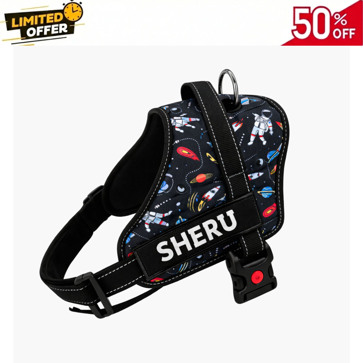 Personalised No-Pull Dog Harness with Name – Astronaut