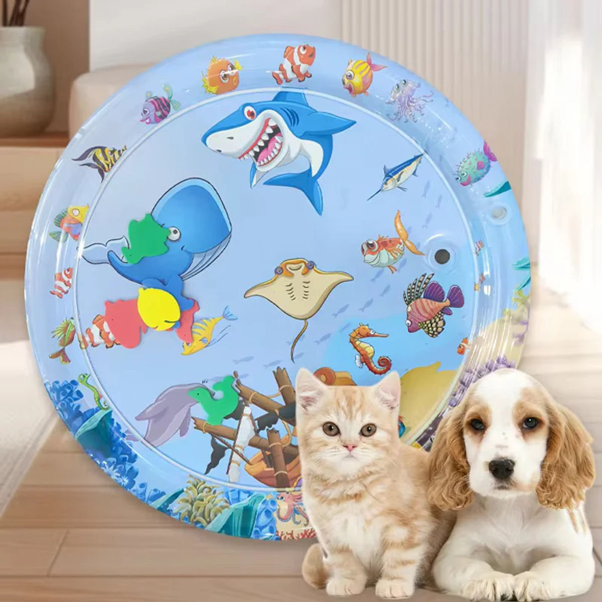 Pet Cooling Water Bed with Air Pump & Floating Fish Toys